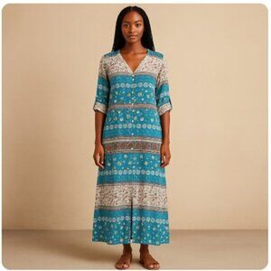 Star V Maxi Dress Boho Blue Floral Pearl Button Front V-Neck NWT Womens Size XL